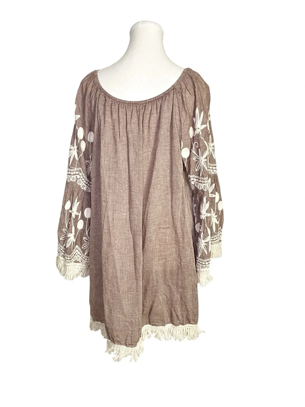 Indigo Soul Boho Embroidered Fringe Peasant Dress Brown Size XL